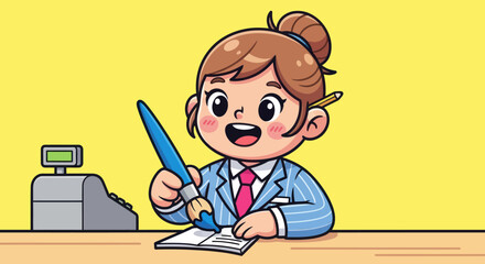 Cartoon business woman with paintbrush and cash register