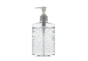 Clear hand sanitizer bottle with pump isolated PNG, antibacterial gel for hygiene and health on transparent background