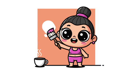 Cartoon woman with paintbrush and coffee cup against an orange backdrop