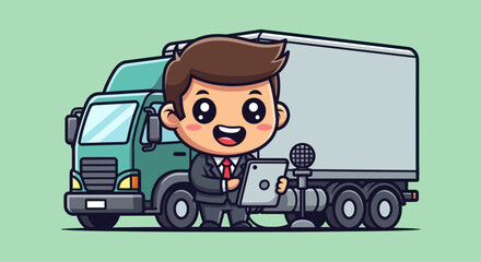 Cartoon of a man with a tablet standing by a green semi-truck