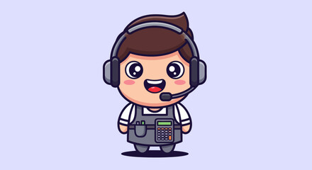 Cartoon of a smiling worker with headset and calculator