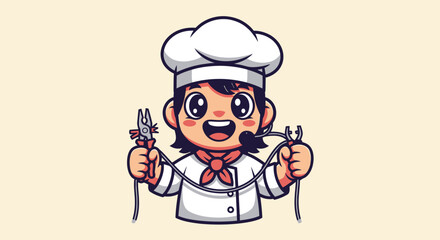 Cartoon chef character holds pliers to connect wires, has a headset, red scarf
