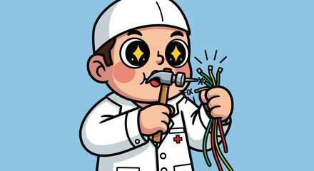 Cartoon doctor fixing wires with hammer, starry eyes