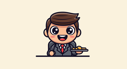 Animated man holds tray