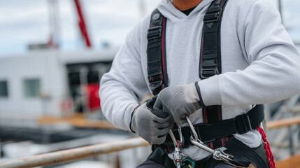 Gloved hands tightening harness belts with metal carabiners, shallow depth emphasizing equipment details against muted construction background