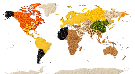 Global food sources visualized with beans, grains, and seeds forming world map