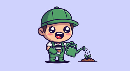 Cartoonish character waters plant