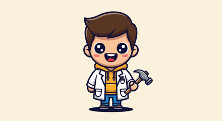 Cartoon builder smiling figure in lab coat holding a hammer