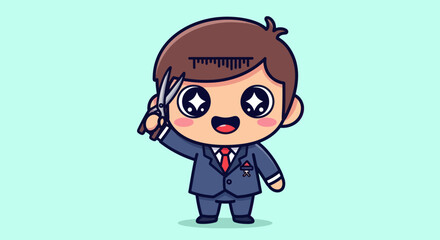 Cartoon barber with scissors and ruler haircut, business suit on mint