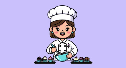 Cartoon baker mixes batter with cupcakes on trays against a lavender background