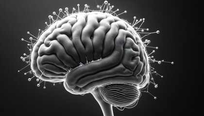 Digital render of human brain with complex neural network connections. Abstract model shows mind function, AI, tech intelligence, data flow, processing info. Science, medicine, future concepts like