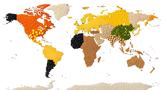 Global food sources visualized with beans, grains, and seeds forming world map