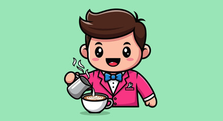 Cartoon barista pours latte art