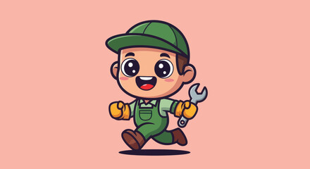 Cartoon of a cheerful worker running with a wrench