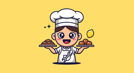 Cartoon baker in a chef's hat holds food on a yellow background