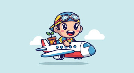 Boy flying on airplane, holding plant