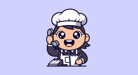 Smiling cartoon chef taking order on phone and writing on pad