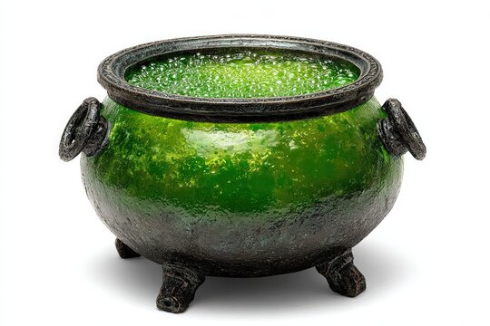 A vibrant green cauldron brimming with liquid. The dark handle and the stand makes it more mystic and intriguing
