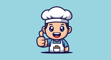Happy cartoon chef in toque, apron, giving thumbs up