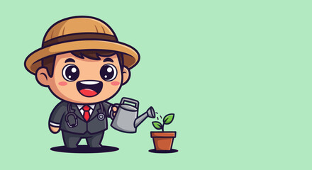 Smiling cartoon doctor waters plant
