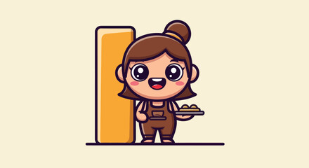 Cute cartoon girl in overalls holding a tray of pastries, standing by a rounded-edge block