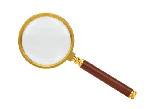 Magnifying glass with golden frame and wooden handle isolated PNG, search tool for investigation and exploration on transparent background
