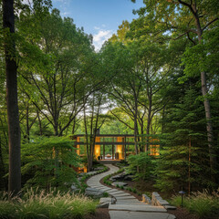 Naklejka premium Modern zen garden pavilion nestled amongst lush green forest trees