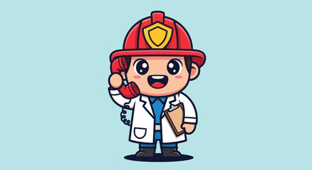 Cartoon fireman doctor talking on phone
