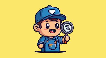 Cartoon worker in overalls with magnifier against yellow background