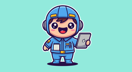 Cartoon technician in blue uniform holding a tablet and smiling