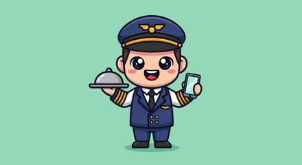 Cartoon pilot holding tray and phone