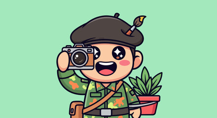 Cartoon artist with camera, beret, paintbrush and plant, against a mint background