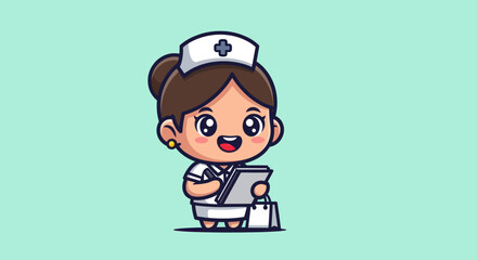 Cute cartoon nurse writing on clipboard, on light-green background