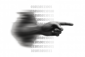 Hand pointing digital binary code, pushing data, abstract technology, computing information, motion blur, transparent background