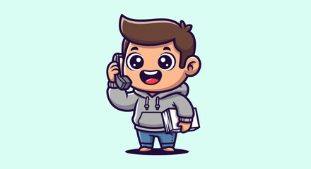 Cartoon boy talking on the phone, holding books against a light blue background