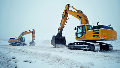 Two yellow excavators operate on snowy terrain, clearing snow, earth. Heavy machinery engages in construction work during winter conditions on vast outdoor site. Powerful diggers work industriously.