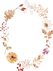 Watercolor Botanical Illustration Wreath with dahlia, leaves and berries. Cozy autumn design. Whimsical vintage element in cottagecore style for invitation, social media and posters.