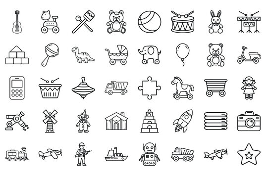 children & toys line art icons bundle. 40 minimal outline vector teddy, bear, toy, car, doll, puzzle, blocks, train, kite, kids, playtime, elements, nursery, education,