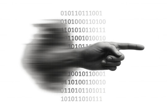 Hand pointing digital binary code, pushing data, abstract technology, computing information, motion blur, transparent background - Powered by Adobe