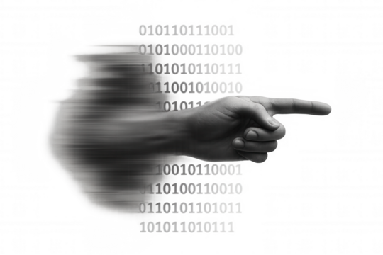 Hand pointing digital binary code, pushing data, abstract technology, computing information, motion blur, transparent background - Powered by Adobe