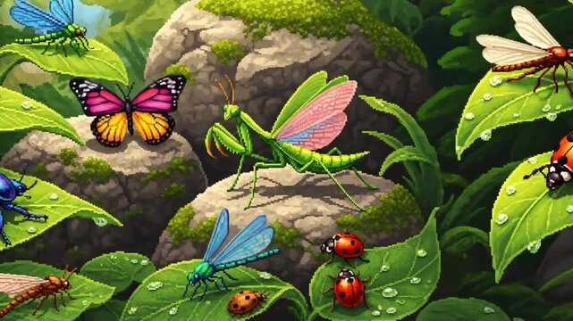 Vibrant Animated Insects on Dewy Leaves in Lush Green Forest Environment Cartoon Loop.