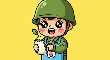 Smiling cartoon gardener in helmet writing in notepad on yellow