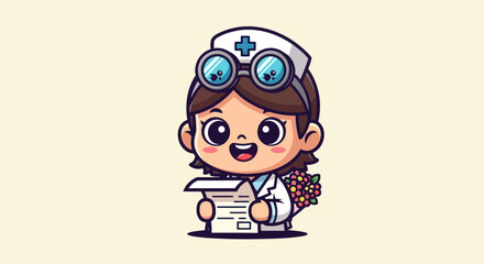 Cartoon nurse reading a document with flowers on a beige background