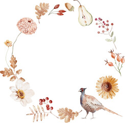 Watercolor Botanical Illustration Wreath with berries, pheasant, pears and leaves. Cozy autumn design. Whimsical vintage element in cottagecore style for invitation, social media and posters.