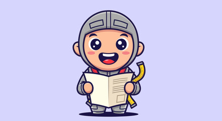 Cartoon knight reading instructions with tape measure on a light purple background