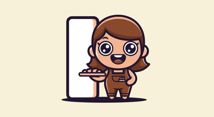 Cartoon of a girl in overalls beside blank sign with a big smile