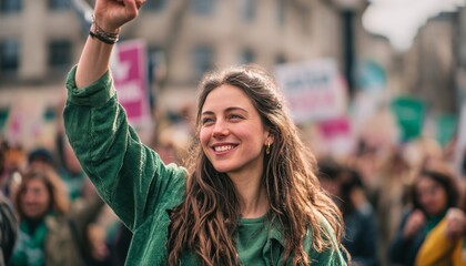 Young Woman Smiling and Raising Fist During Rally for Social Justice in a Vibrant Urban Setting