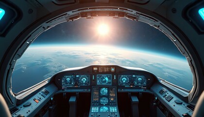Inside spacecraft cockpit. Earth view from space. Bright sun at horizon. Space flight deck with dashboard, console and window. Digital screens show navigation data for travelling in cosmos.