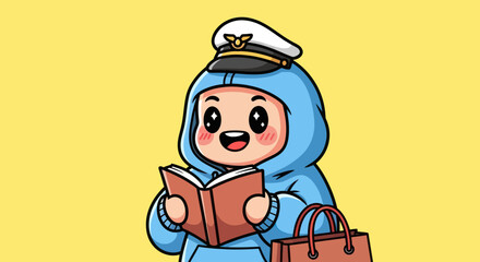 Cartoon boy using a computer with star eyes,wearing blue hoodie