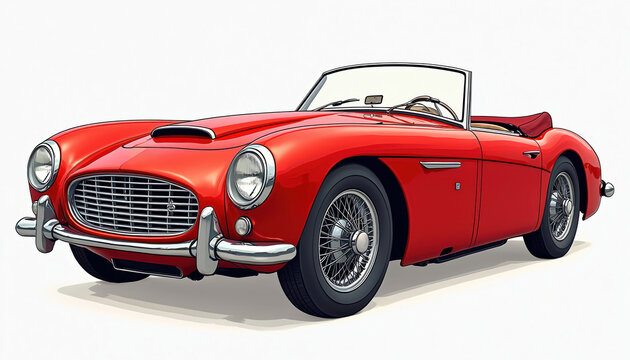 Fototapeta Red classic convertible car. Side view of vintage sport automobile on white background. Old-timer auto with chrome elements. European design vehicle. Elegant transportation in graphic style.